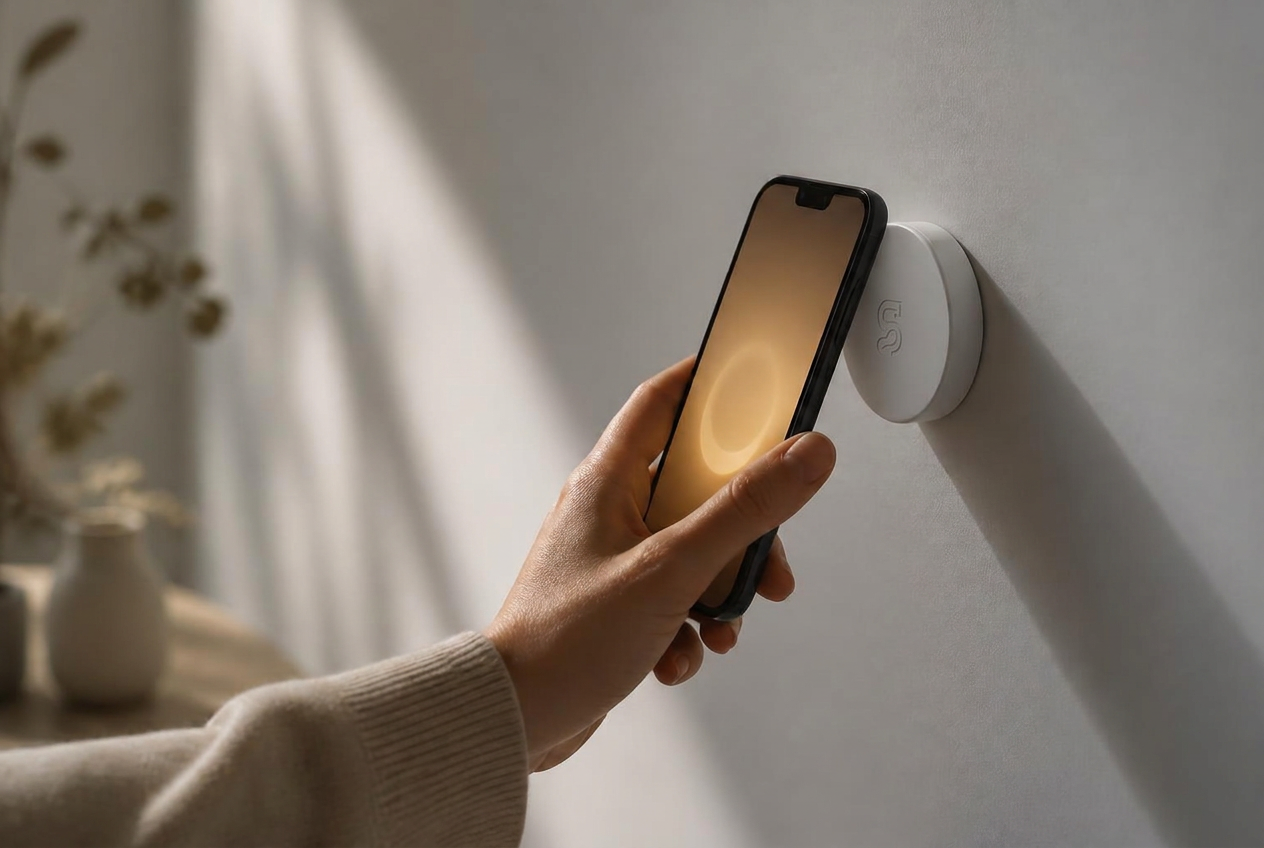 A person standing at a small wall-mounted Step Anchor in a sunlit room, phone in hand